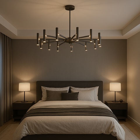 Twelve-Light Iron Chandelier with Modern Radial Design