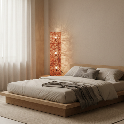 Floor Lamp with Woven Column Shade and Three Light Sources