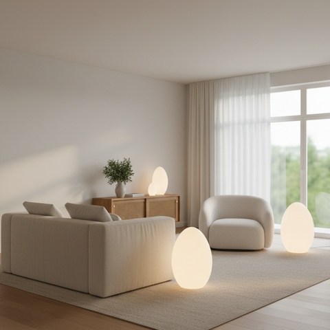Floor Lamp with Sculptural Egg Shape and Three LED Light Colors
