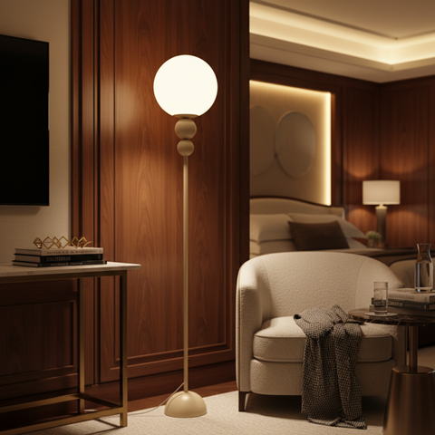 Floor Lamp with Globe Diffuser and Stacked Sphere Details