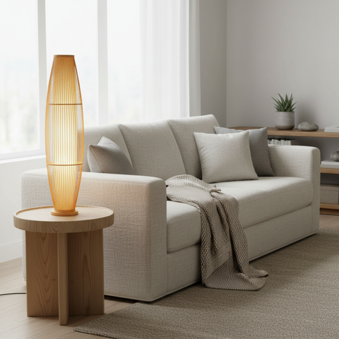 Table and Floor Lamp with Bamboo Slat Shade and Warm LED Light
