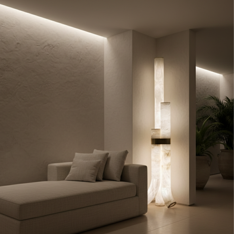 Floor Lamp with Veined Stone Shades and Curved Column Design