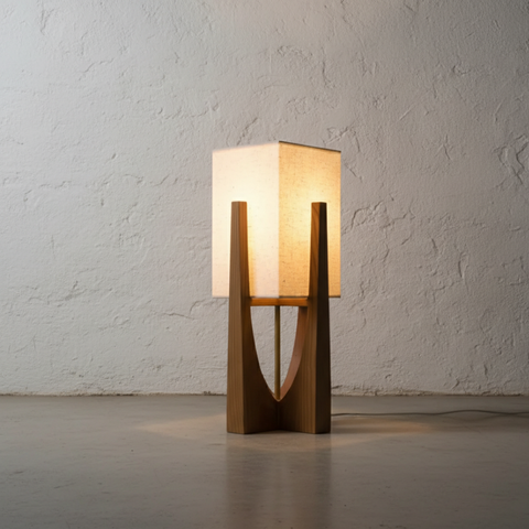 Table and Floor Lamp with Fabric Shade and Cutout Wood Base