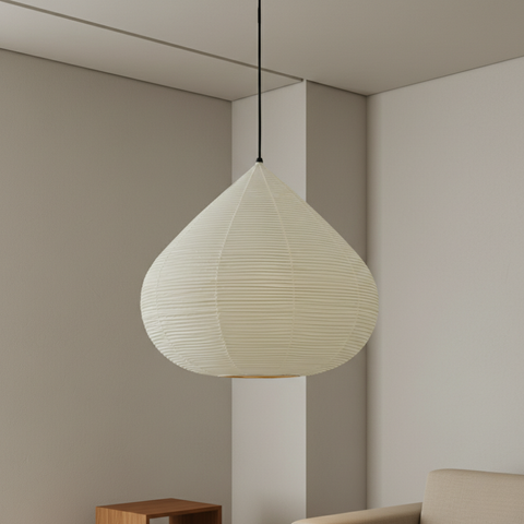 Pendant Light with Ribbed Paper Shade and Adjustable Suspension