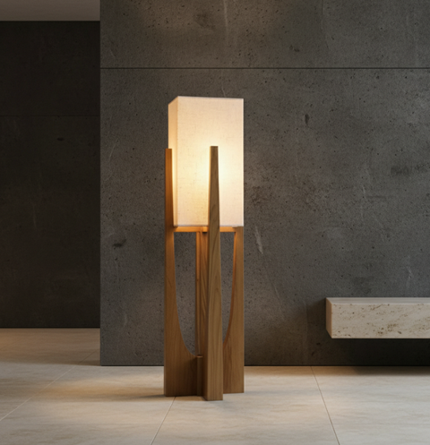 Table and Floor Lamp with Fabric Shade and Cutout Wood Base