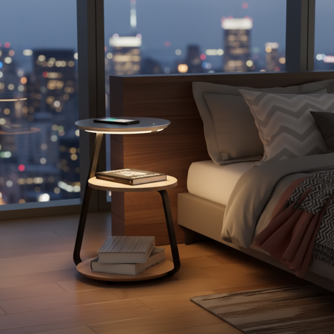 Side Table Lamp with LED Ring and Wireless Charging