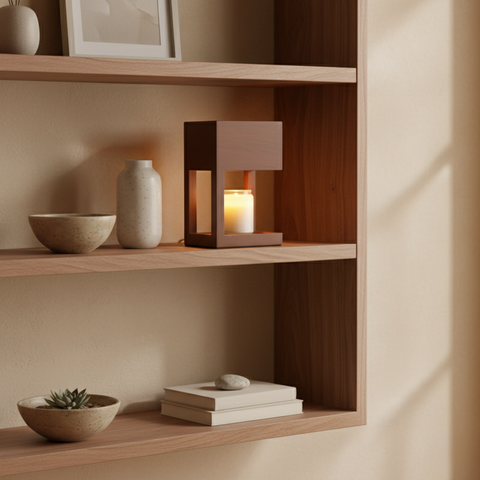 Candle Warmer Lamp with Open Wood Frame and Adjustable Brightness