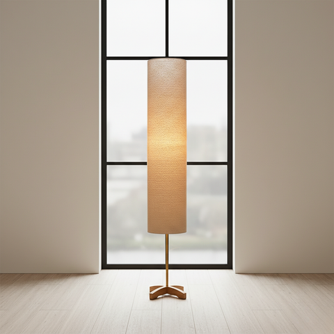 Floor Lamp with Tall Fabric Shade and Crossed Wood Base
