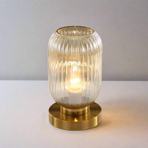 Ribbed Glass Table Lamp with Metal Base and Decorative Ambient Lighting