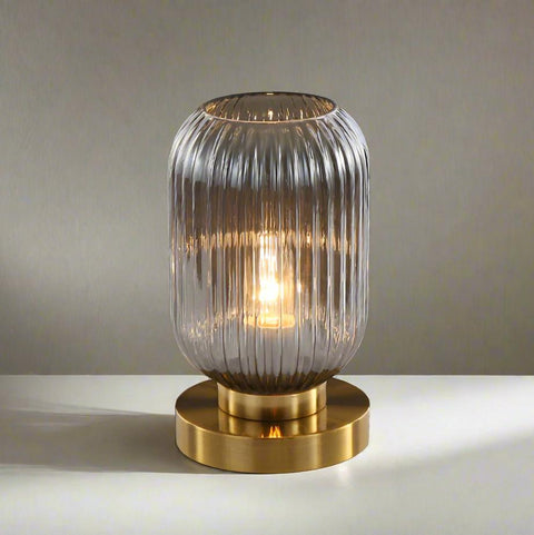 Ribbed Glass Table Lamp with Metal Base and Decorative Ambient Lighting