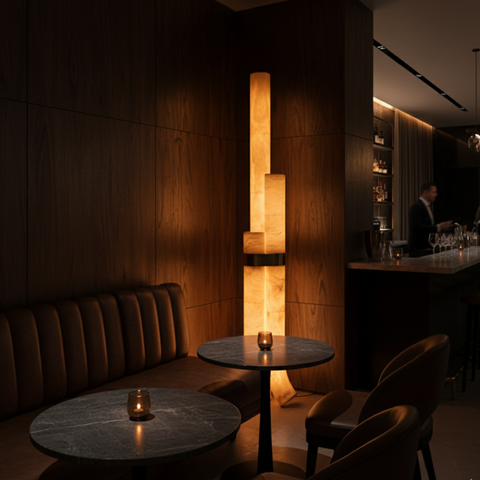 Floor Lamp with Veined Stone Shades and Curved Column Design