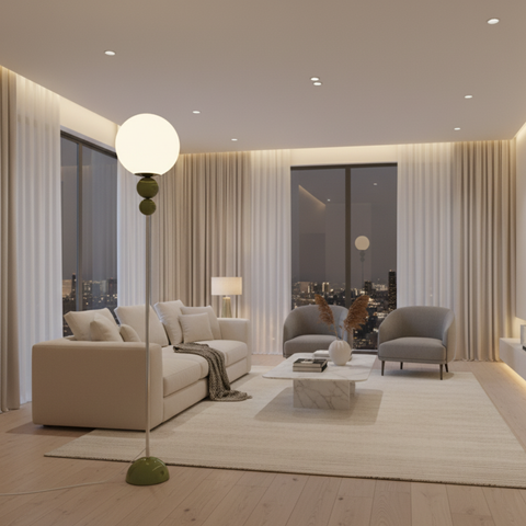 Floor Lamp with Globe Diffuser and Stacked Sphere Details