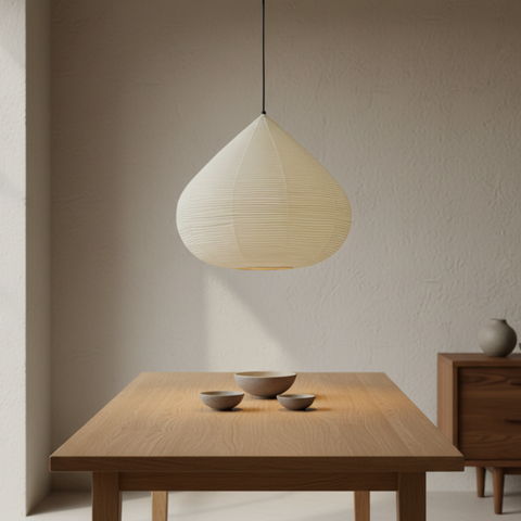 Pendant Light with Ribbed Paper Shade and Adjustable Suspension