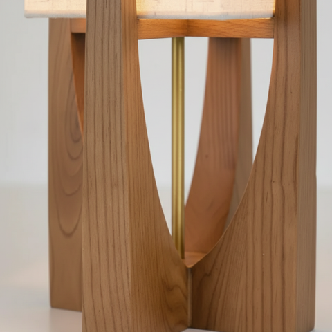 Table and Floor Lamp with Fabric Shade and Cutout Wood Base