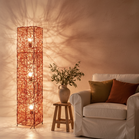 Floor Lamp with Woven Column Shade and Three Light Sources