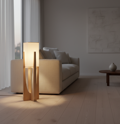 Table and Floor Lamp with Fabric Shade and Cutout Wood Base