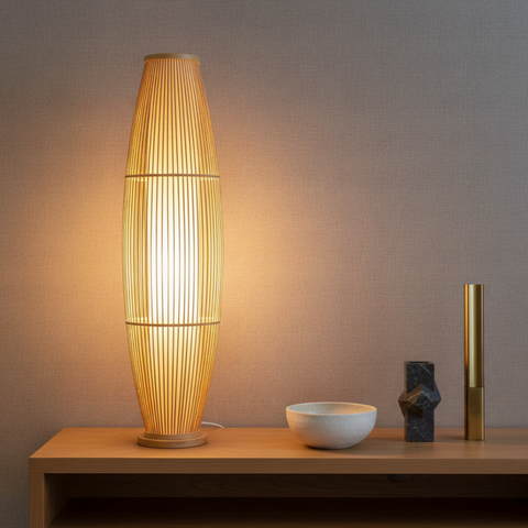 Table and Floor Lamp with Bamboo Slat Shade and Warm LED Light