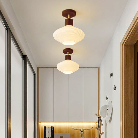 Modern Semi-Flush Ceiling Light with Walnut Wood and Glass Shade