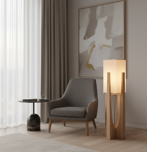 Table and Floor Lamp with Fabric Shade and Cutout Wood Base