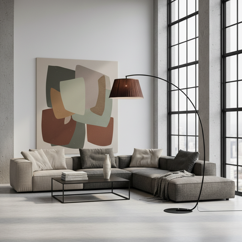 Arc Floor Lamp with Fabric Shade and Curved Metal Stem
