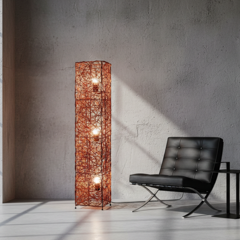 Floor Lamp with Woven Column Shade and Three Light Sources