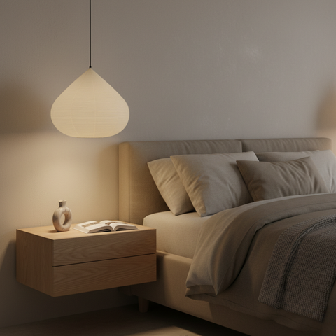 Pendant Light with Ribbed Paper Shade and Adjustable Suspension