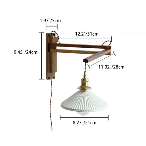 Retractable Wood Wall Sconce with Ribbed Glass Shade for Reading