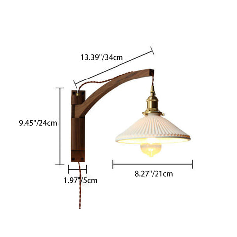 Retractable Wood Wall Sconce with Ribbed Glass Shade for Reading