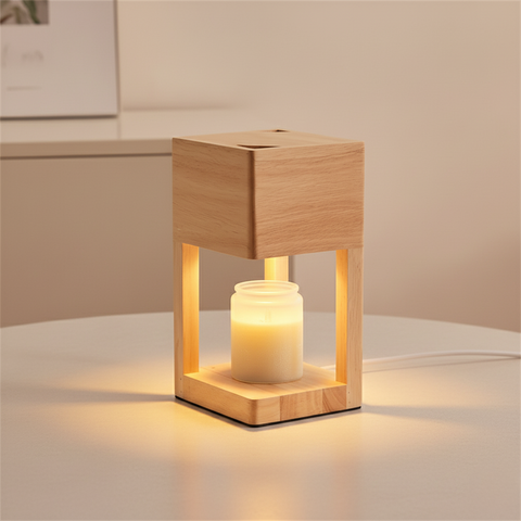 Candle Warmer Lamp with Open Wood Frame and Adjustable Brightness