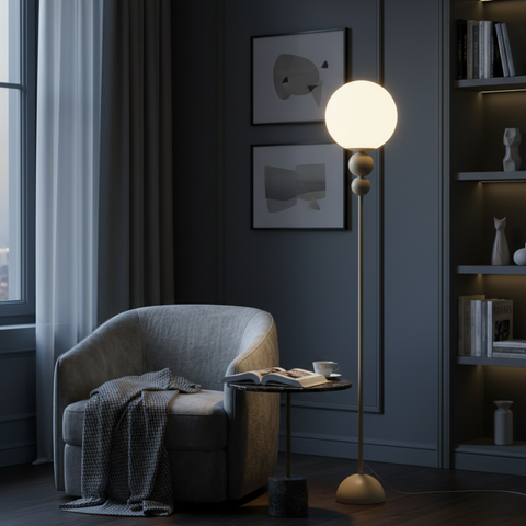 Floor Lamp with Globe Diffuser and Stacked Sphere Details