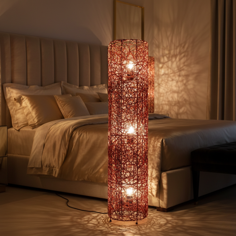 Floor Lamp with Woven Column Shade and Three Light Sources