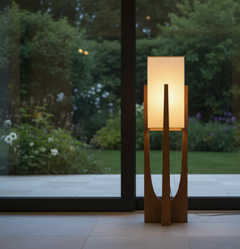 Table and Floor Lamp with Fabric Shade and Cutout Wood Base