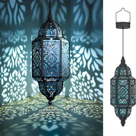 Moroccan Solar Hanging Lantern with Floral Cutout Pattern