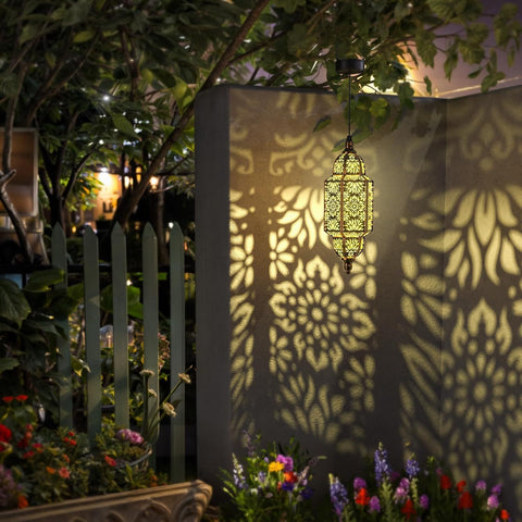 Moroccan Solar Hanging Lantern with Floral Cutout Pattern