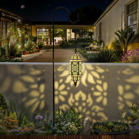 Moroccan Solar Hanging Lantern with Floral Cutout Pattern