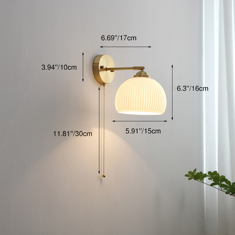 Ribbed Glass Pull-Cord Wall Sconce with Brass Details for Bedrooms