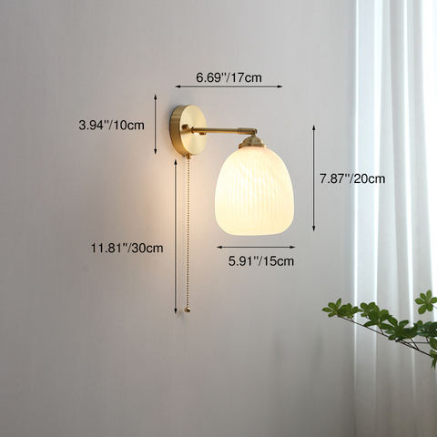 Ribbed Glass Pull-Cord Wall Sconce with Brass Details for Bedrooms