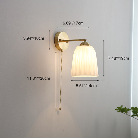 Ribbed Glass Pull-Cord Wall Sconce with Brass Details for Bedrooms