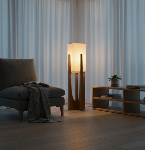 Table and Floor Lamp with Fabric Shade and Cutout Wood Base