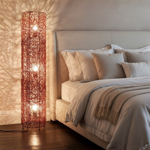 Floor Lamp with Woven Column Shade and Three Light Sources