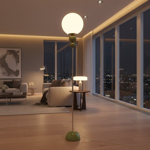 Floor Lamp with Globe Diffuser and Stacked Sphere Details
