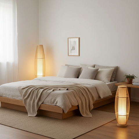 Table and Floor Lamp with Bamboo Slat Shade and Warm LED Light
