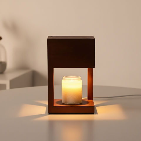 Candle Warmer Lamp with Open Wood Frame and Adjustable Brightness