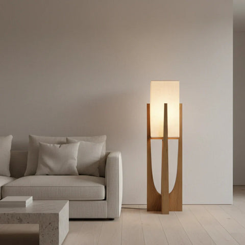 Table and Floor Lamp with Fabric Shade and Cutout Wood Base