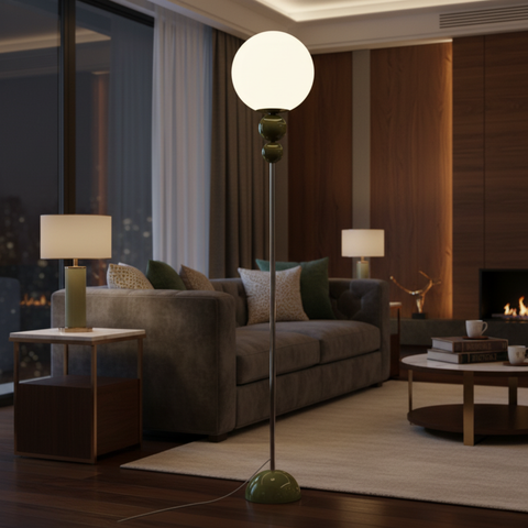 Floor Lamp with Globe Diffuser and Stacked Sphere Details