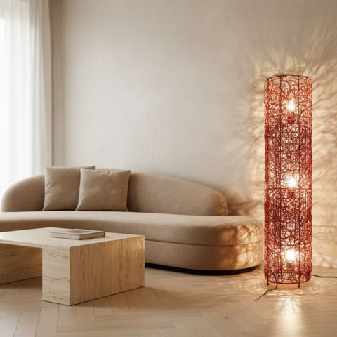 Floor Lamp with Woven Column Shade and Three Light Sources