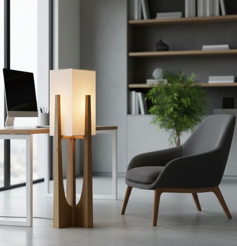 Table and Floor Lamp with Fabric Shade and Cutout Wood Base