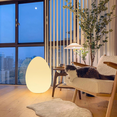Floor Lamp with Sculptural Egg Shape and Three LED Light Colors