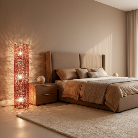 Floor Lamp with Woven Column Shade and Three Light Sources