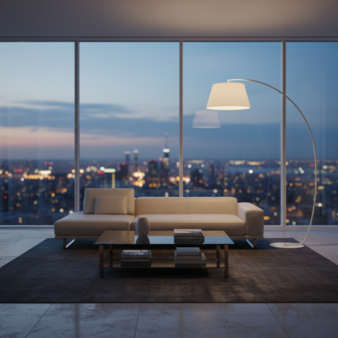 Arc Floor Lamp with Fabric Shade and Curved Metal Stem